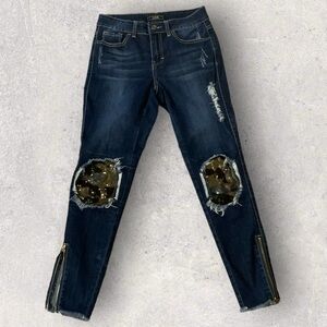 Lucky & Blessed Distressed Blue Jeans with Sequin Camo Accents